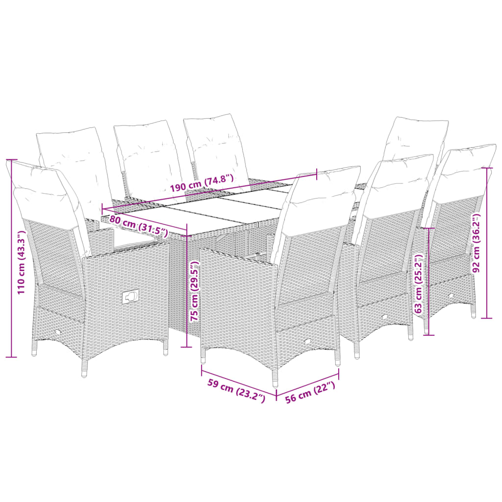 Set mobilier de gradina cu perne, 9 piese, negru, poliratan — imaginea 7