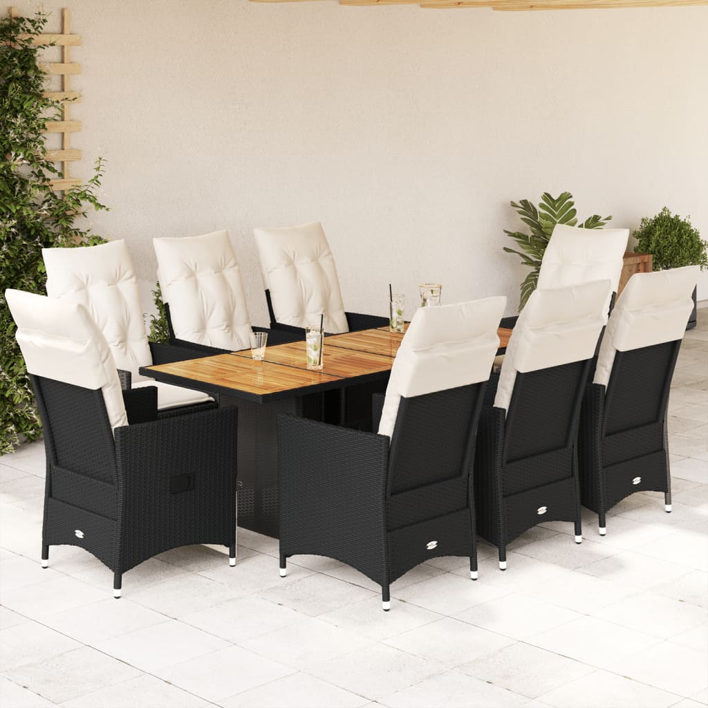 Set mobilier de gradina cu perne, 9 piese, negru, poliratan — imaginea 2