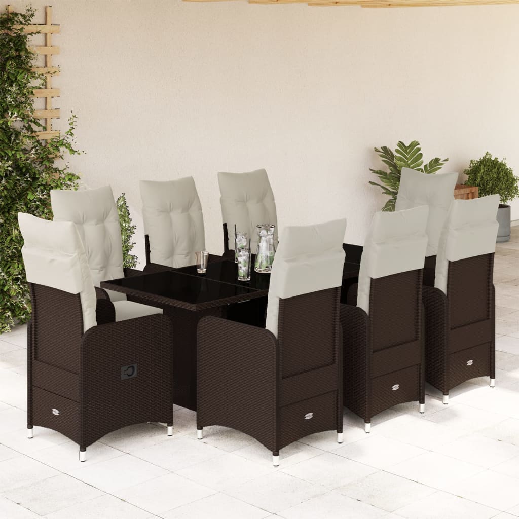 Set bistro de gradina cu perne, 9 piese, maro, poliratan — imaginea 2