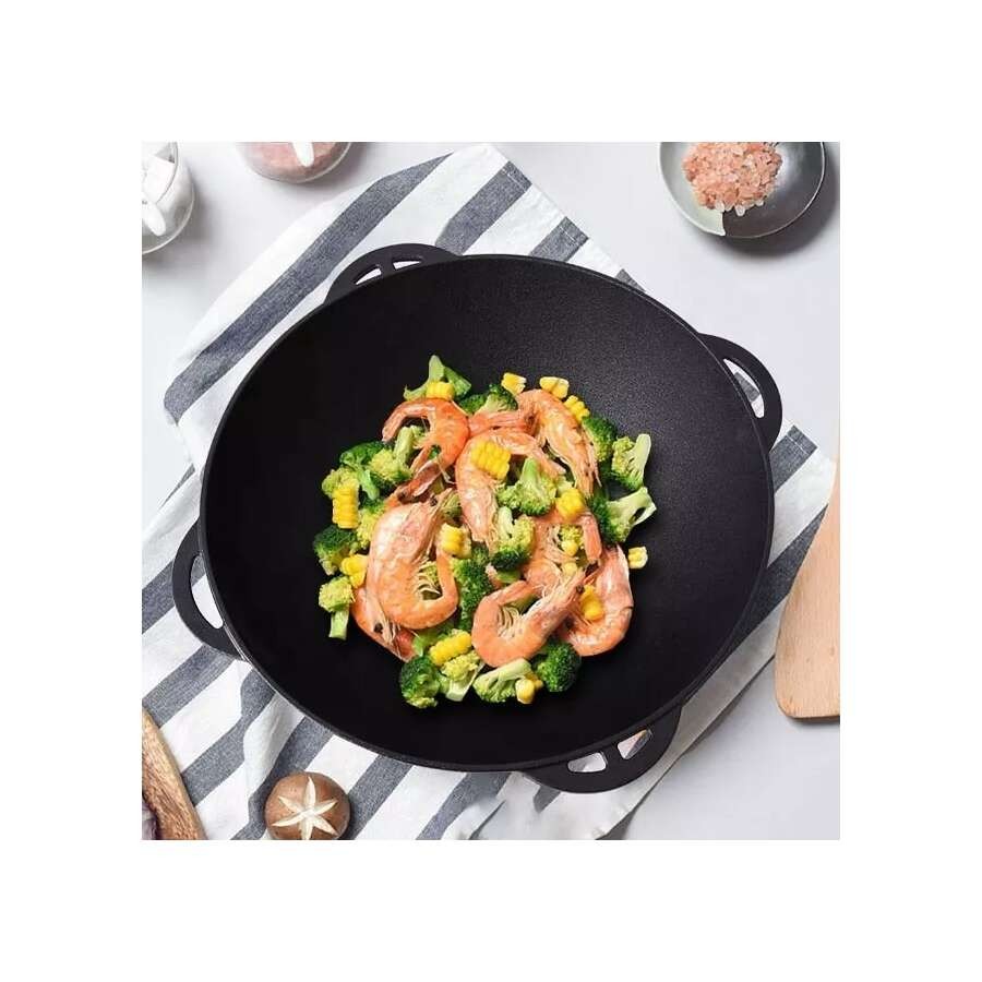 Oala de fonta tip wok, cu capac, 3 in 1, 32x14 cm, Perfect Home — imaginea 2