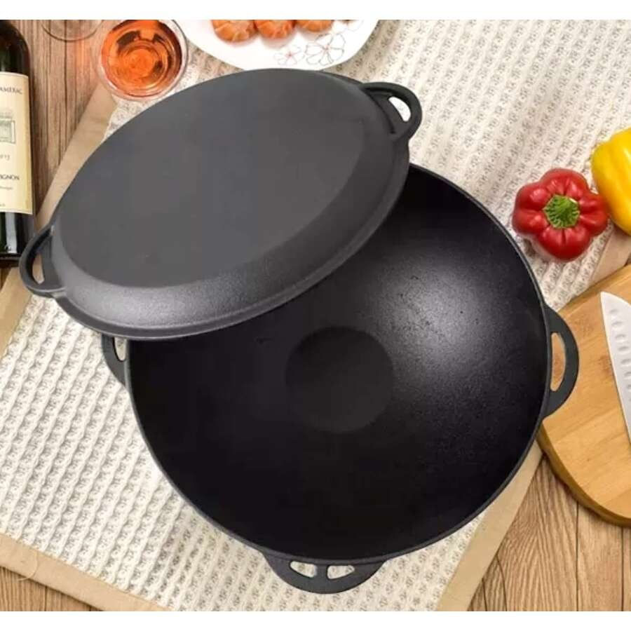 Oala de fonta tip wok, cu capac, 3 in 1, 32x14 cm, Perfect Home — imaginea 4