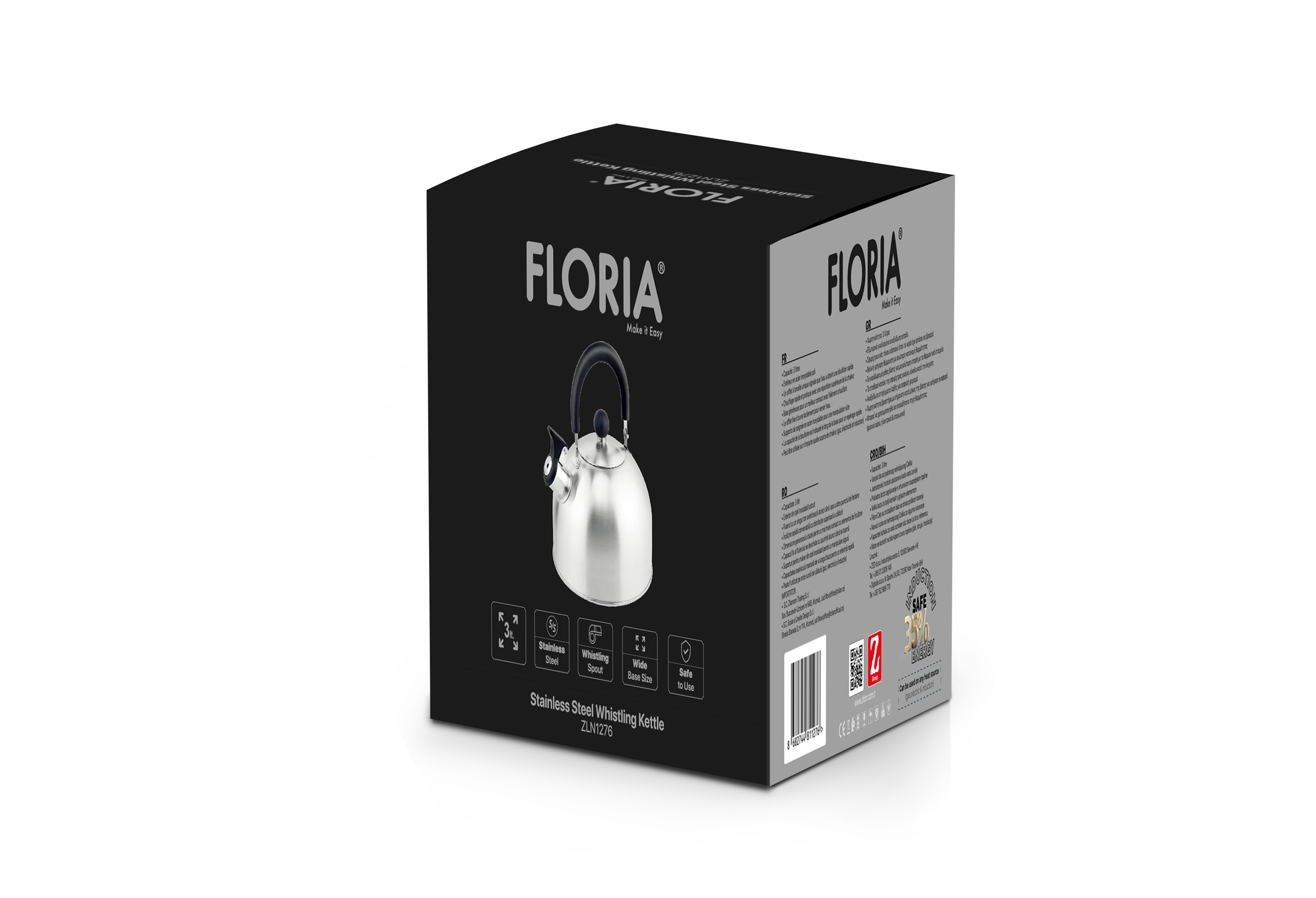 Ceainic din inox cu fluier Floria ZLN1276, Exterior polishat, Compatibil gaz, electric & inductie, Capacitate 3L