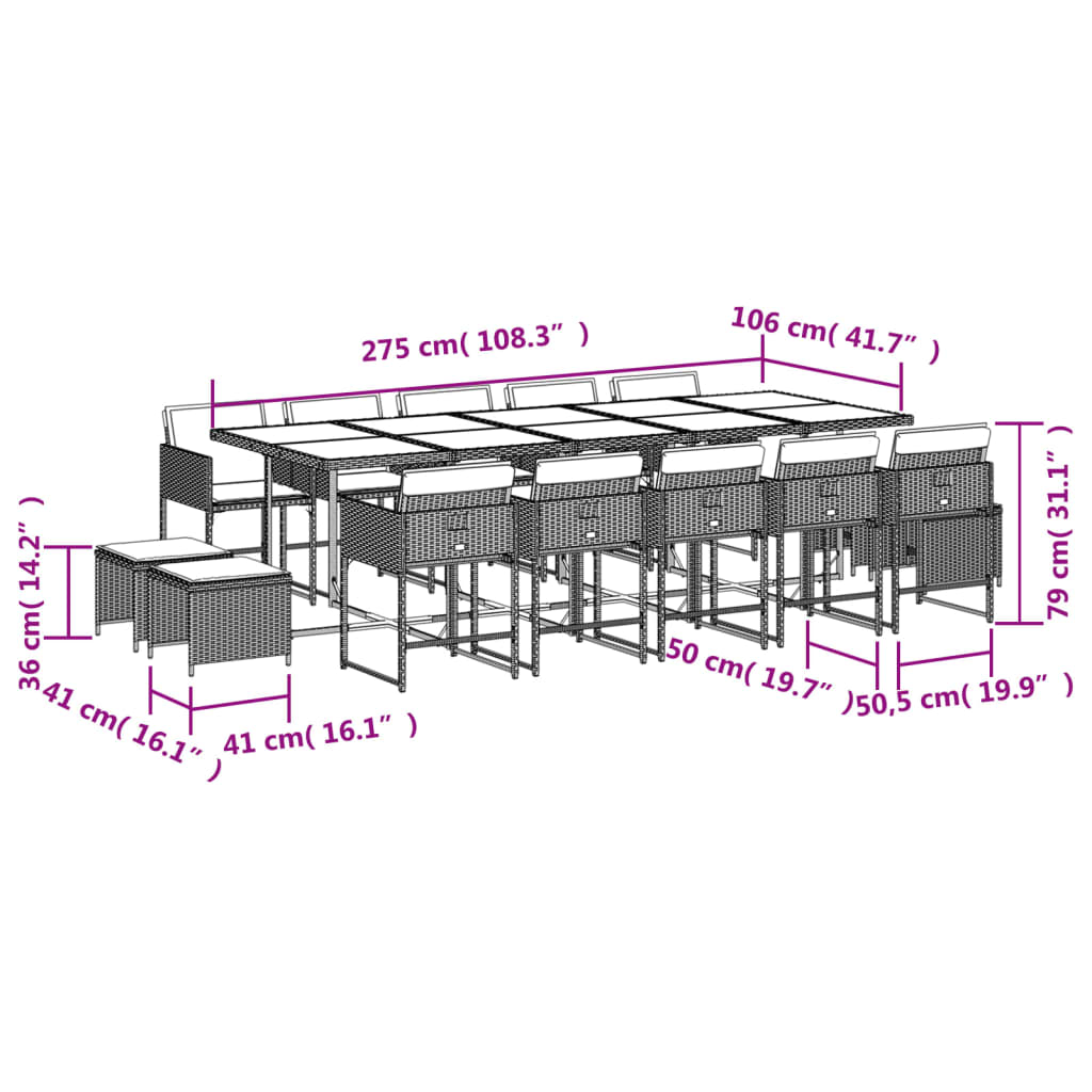 Set mobilier de gradina cu perne, 15 piese, negru, poliratan — imaginea 6