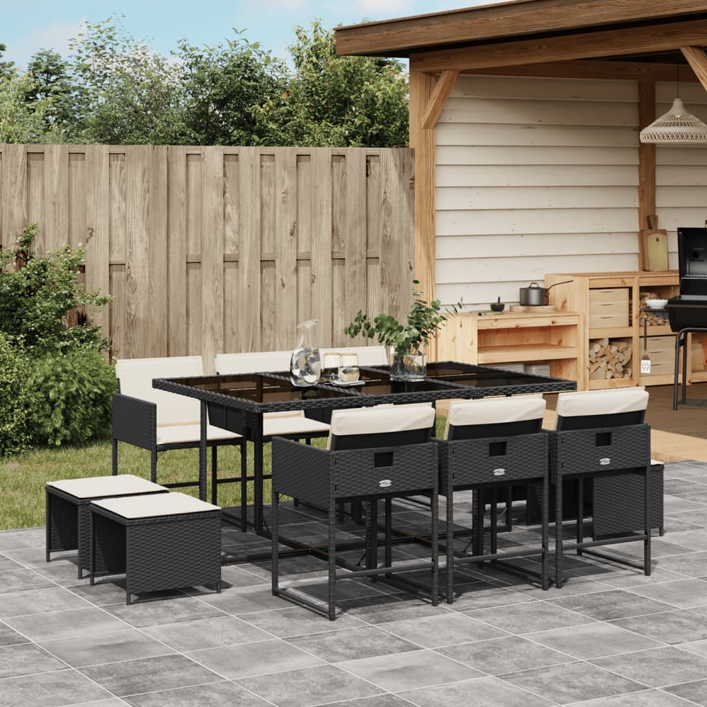 Set mobilier de exterior cu perne, 11 piese, negru, poliratan — imaginea 2