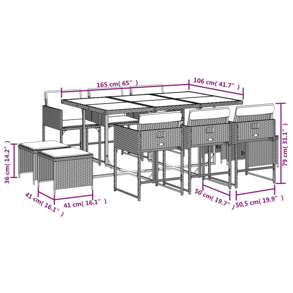 Set mobilier de gradina cu perne, 11 piese, bej, poliratan — imaginea 6