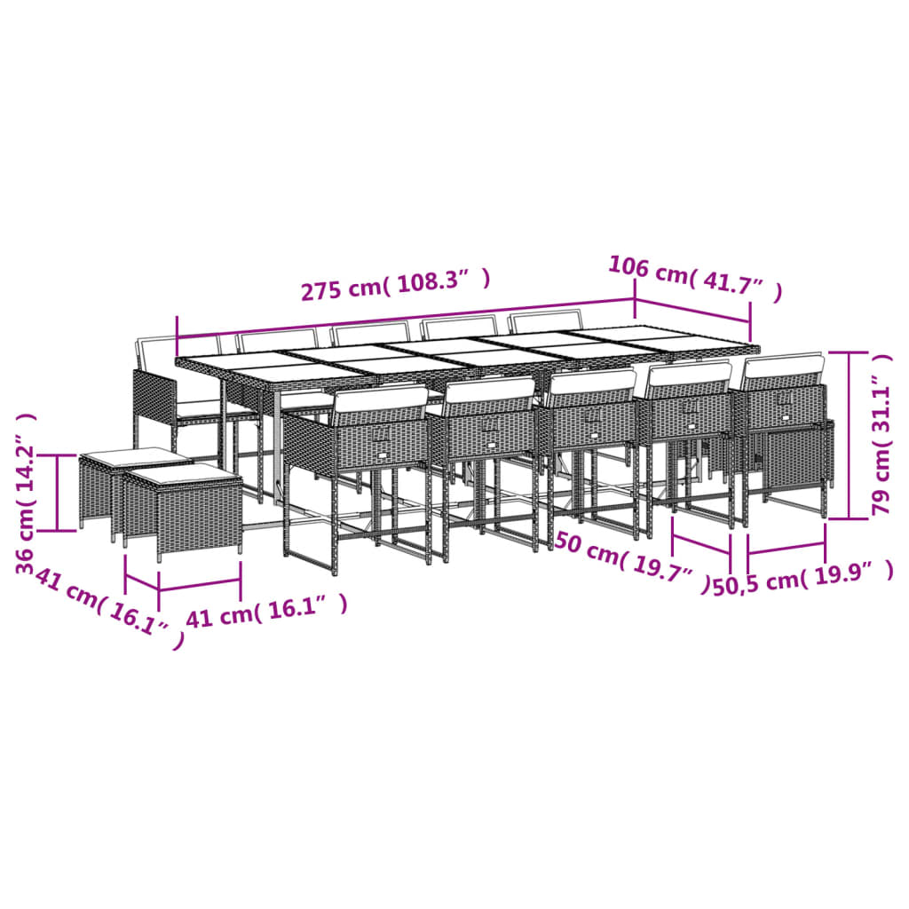Set mobilier de gradina cu perne, 15 piese, negru, poliratan — imaginea 6