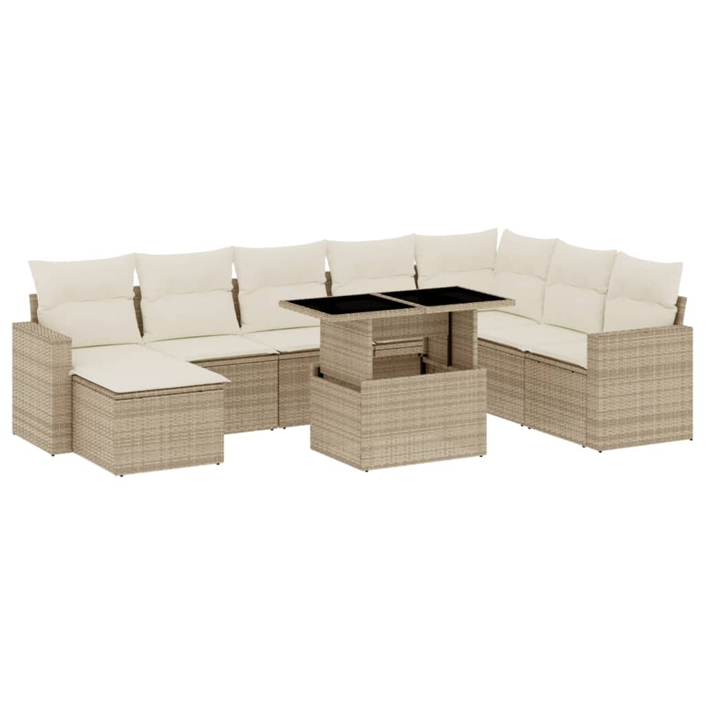 Set canapele de gradina, 9 piese, cu perne, bej, poliratan
