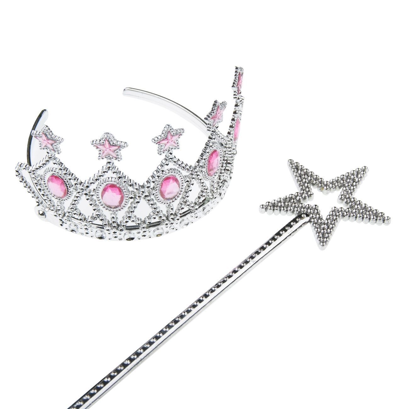 Set Bagheta si Tiara, Argintie, Cu Pietre Roz, 34 cm si 8 cm, Plastic