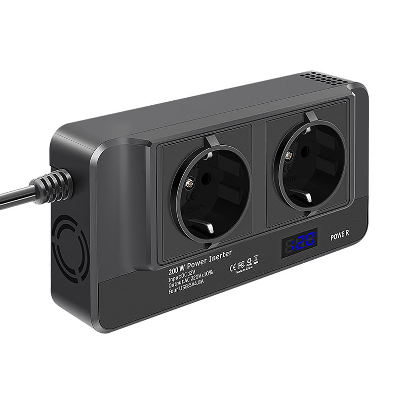 Invertor de tensiune portabil de la priza auto 12V la Priza Dubla 220W, Putere 400w, 4 x USB, Afisaj digital, Negru