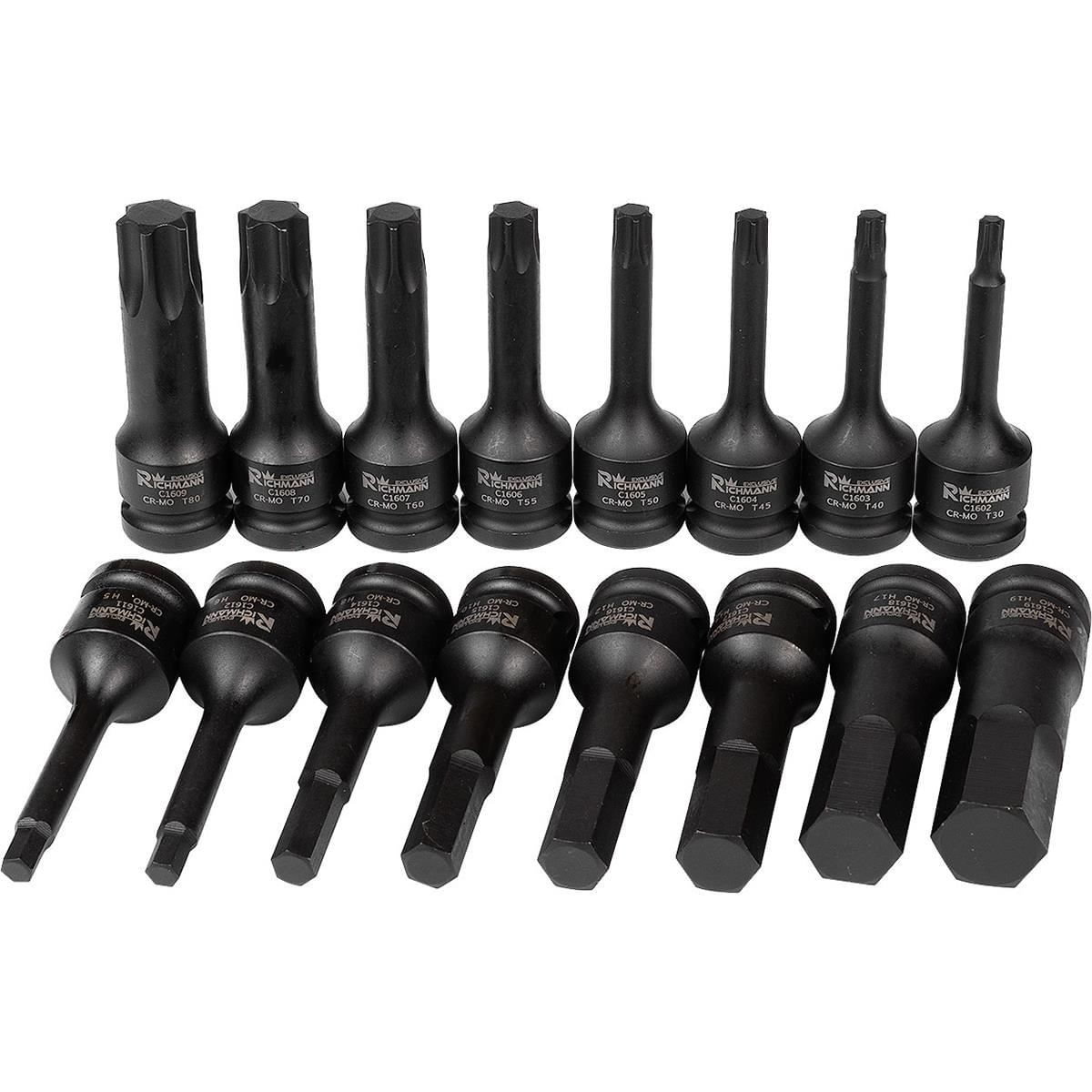 Set capete tubulare de impact TORX si IMBUS, sertar TIP A (385x150 mm) pentru dulap mobil, T30-T80, H5-H19, 1/2", 16 buc, RICHMA — imaginea 3