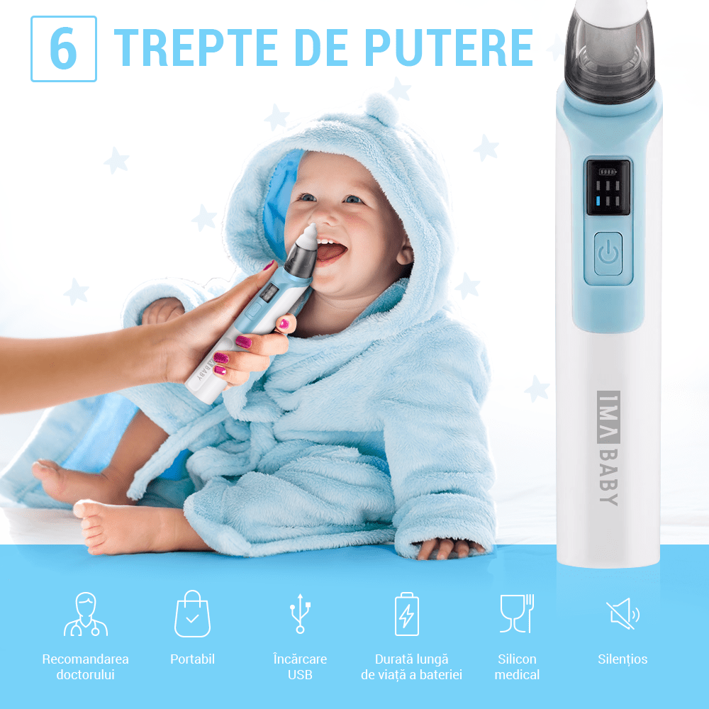 Aspirator nazal electric IMA Baby pentru bebelusi si copii silentios, 6 Trepte de Aspirare, Portabil, cu USB, 500mAh - 1 | YEO