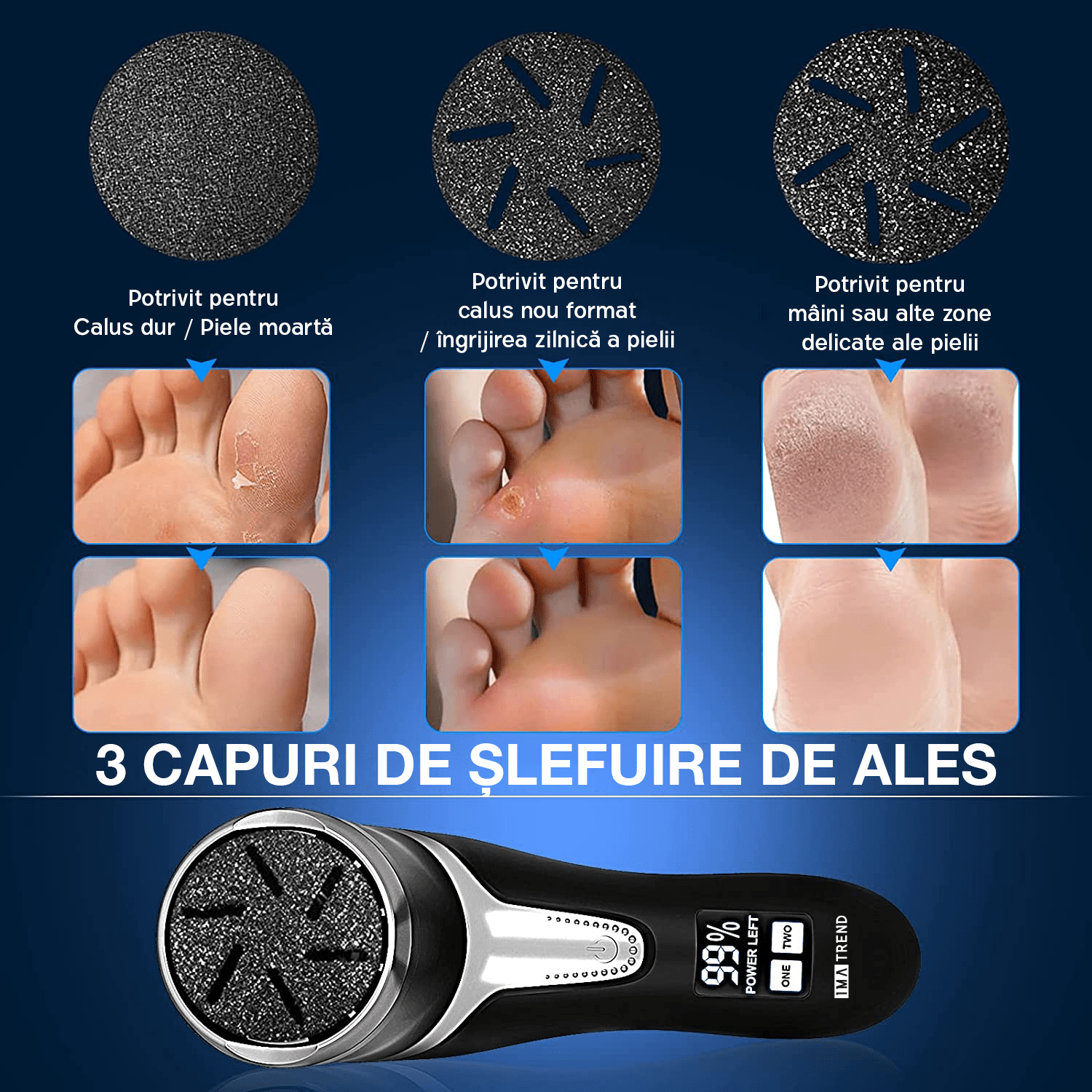 Pila electrica pentru talpi si calcaie IMA Trend, cu Aspirare, IPX 7, Display Digital, 1200 mAh USB, 3 role, 2200 rpm - 1 | YEO