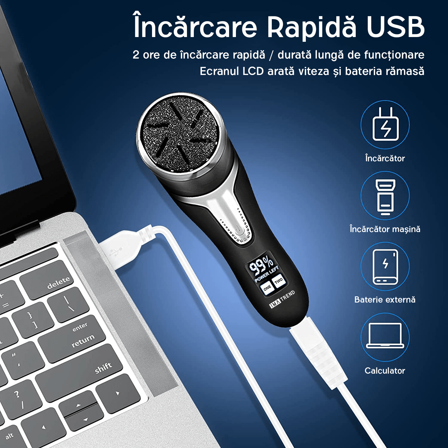 Pila electrica pentru talpi si calcaie IMA Trend, cu Aspirare, IPX 7, Display Digital, 1200 mAh USB, 3 role, 2200 rpm - 4 | YEO