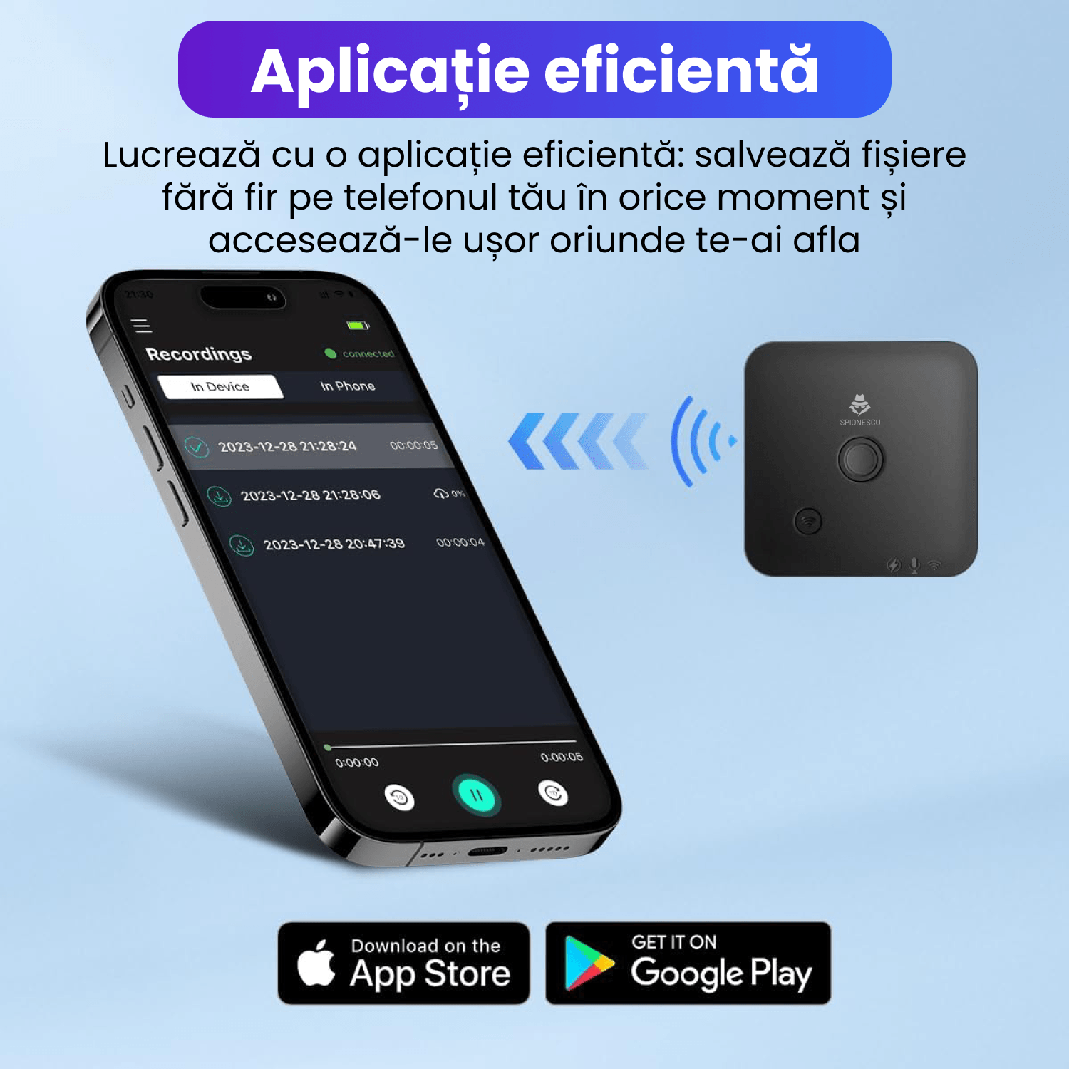 Reportofon inteligent AI 64 GB, ChatGPT, 100 de limbi, inregistrare 1000 ore, autonomie 8 ore, aplicatie, magnetic