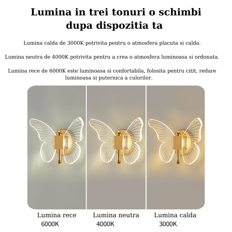 Aplica LED, 2 surse de lumina, forma de fluture, Lumina calda, neutra si rece, Dormitor, Bucatarie, Camera Copii, Auriu
