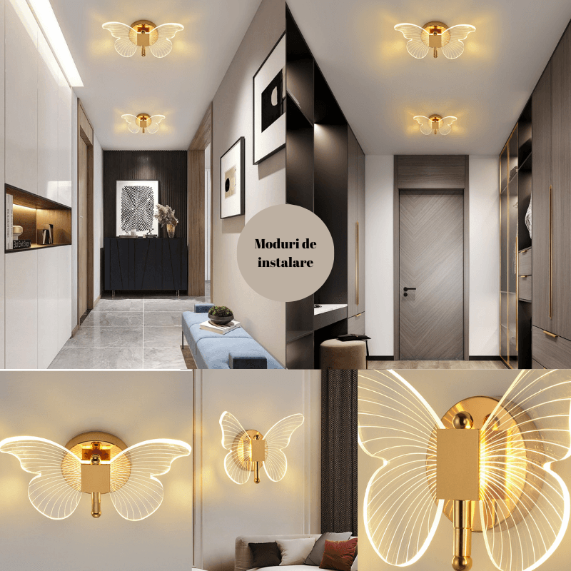 Aplica LED, 2 surse de lumina, forma de fluture, Lumina calda, neutra si rece, Dormitor, Bucatarie, Camera Copii, Auriu - 2 | YEO