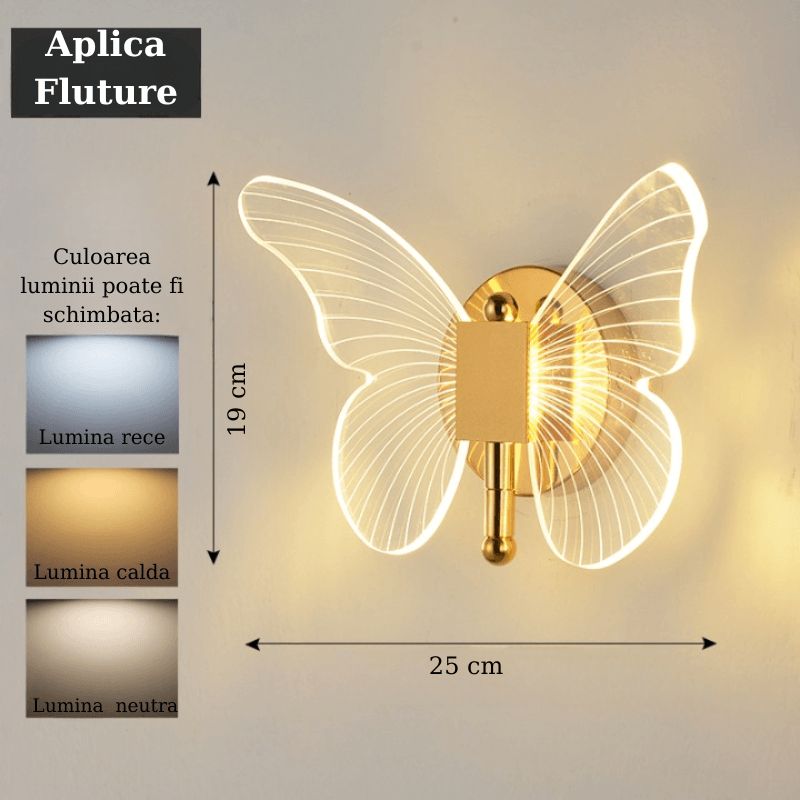 Aplica LED, 2 surse de lumina, forma de fluture, Lumina calda, neutra si rece, Dormitor, Bucatarie, Camera Copii, Auriu - 4 | YEO