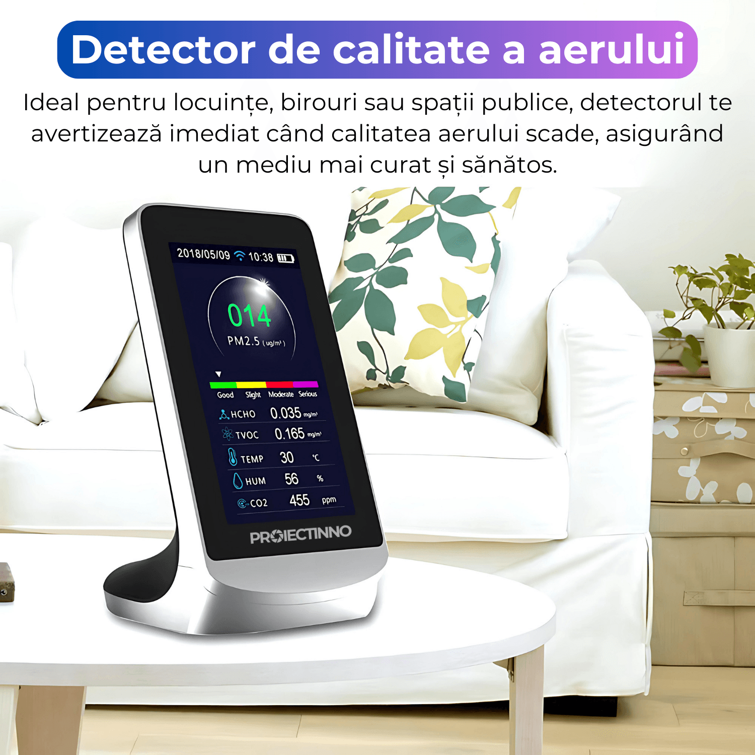 Monitor masurare calitate aer, 8 in 1, Wifi, CO2, TVOC, HCHO, concentratie poluanti PM1.0, PM2.5, Tuya - 2 | YEO