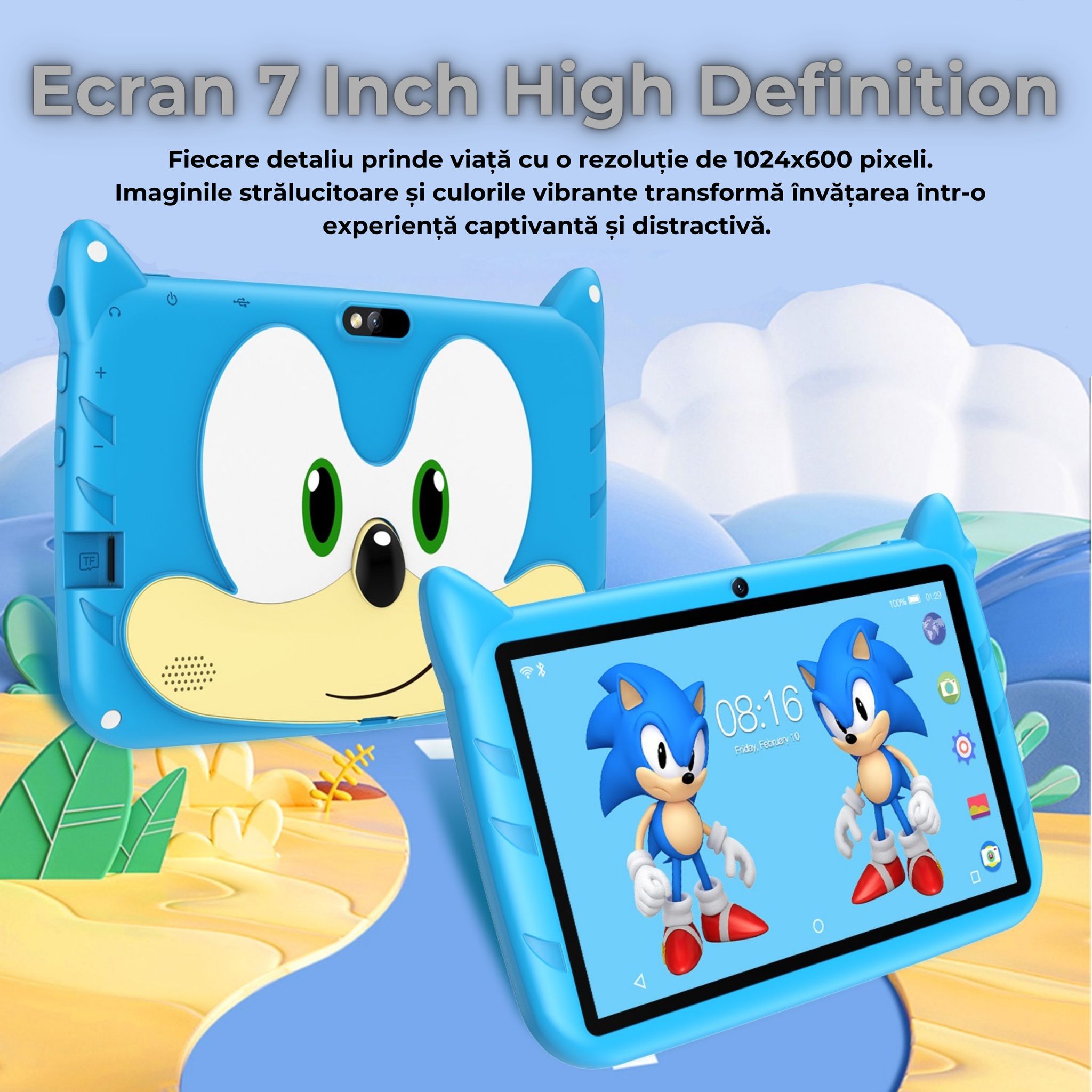 Tableta educationala pentru copii de 7 Inch, carcasa rezistenta sonic, android, 2+32 GB, 2 camere, bluetooth, wifi+cadou - 1 | YEO