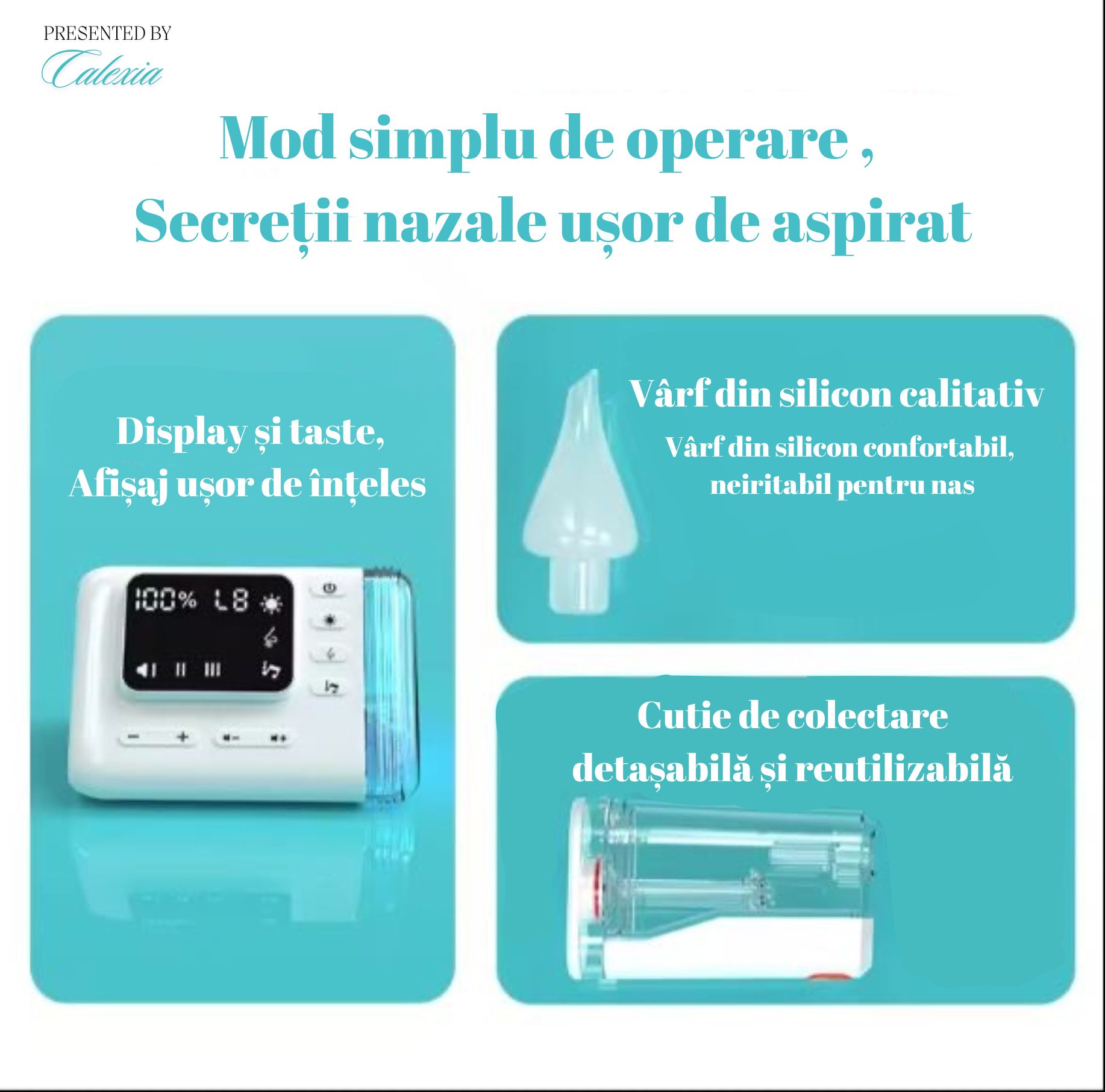 Aspirator nazal electric digital, profesional, LED,  bebelusi si copii, 9 viteze, melodii linistitoare, 1800 mAh - 4 | YEO