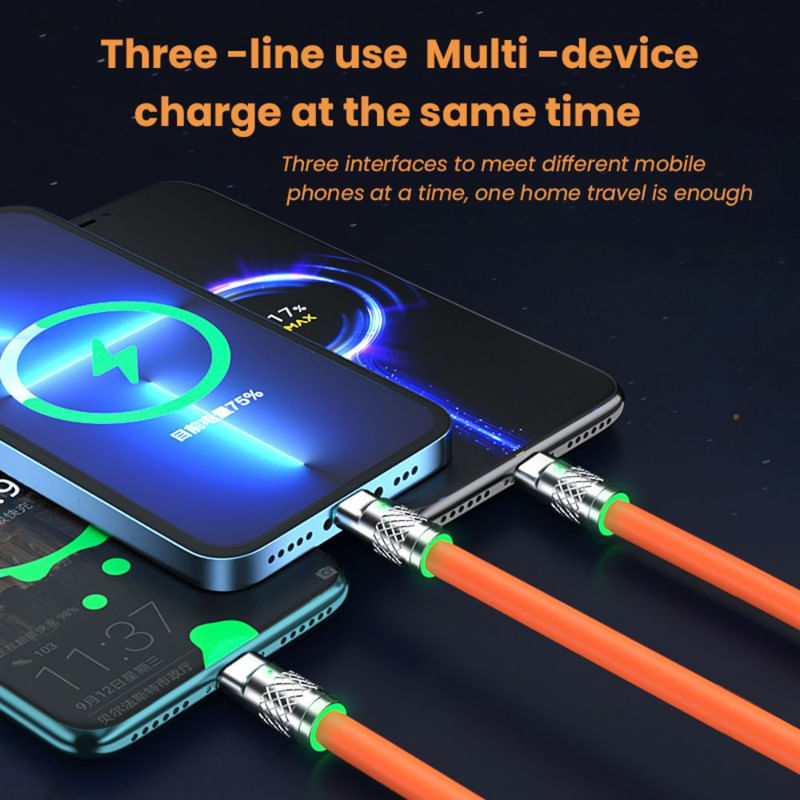 Cablu de incarcare Fast Charge, 3 in 1, 120 W, Lungime 2 m, Material silicon la exterior si cupru la interior,, Rosu - 3 | YEO