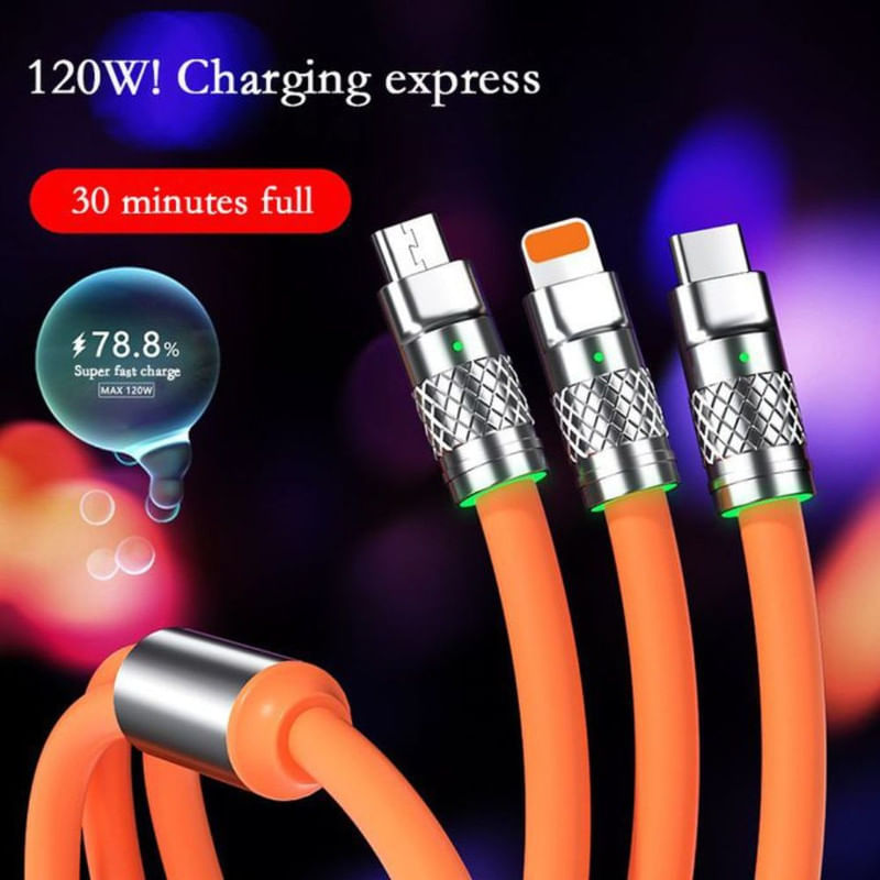 Cablu de incarcare Fast Charge, 3 in 1, 120 W, Lungime 2 m, Material silicon la exterior si cupru la interior,, Rosu - 4 | YEO