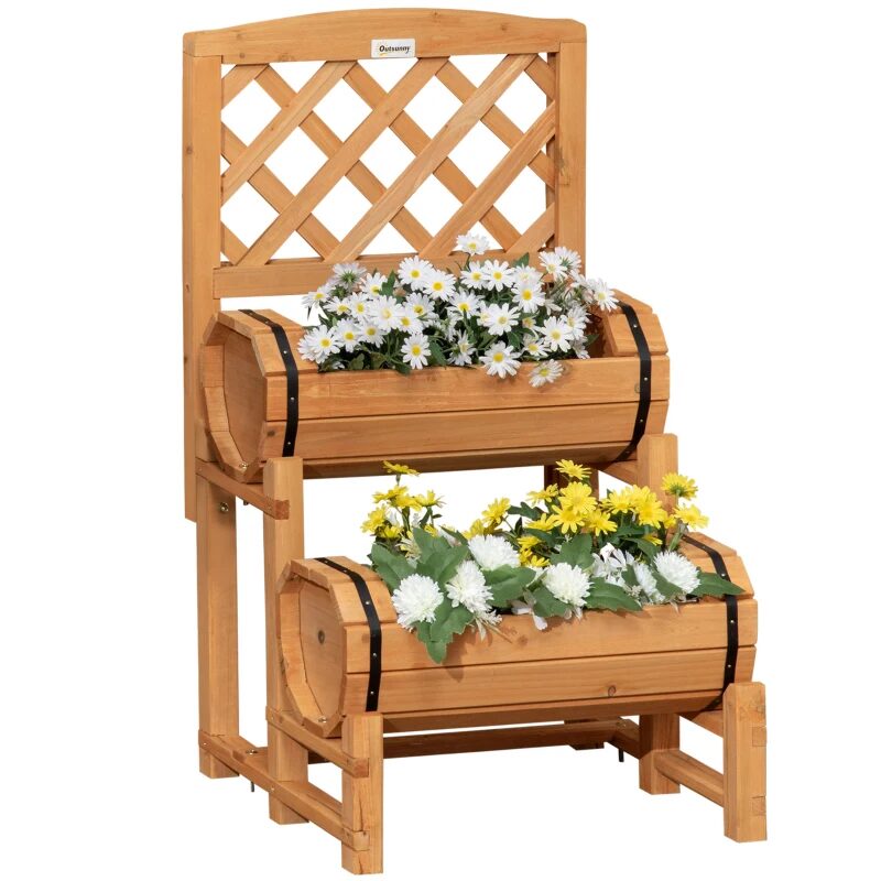 Jardiniera decorativa cu suport pentru plante cataratoare, lemn, 2 nivele, tip butoi, 45x45x80 cm — imaginea 2