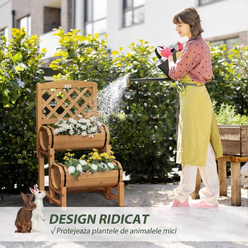 Jardiniera decorativa cu suport pentru plante cataratoare, lemn, 2 nivele, tip butoi, 45x45x80 cm — imaginea 4