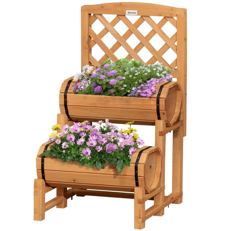 Jardiniera decorativa cu suport pentru plante cataratoare, lemn, 2 nivele, tip butoi, 45x45x80 cm — imaginea 5