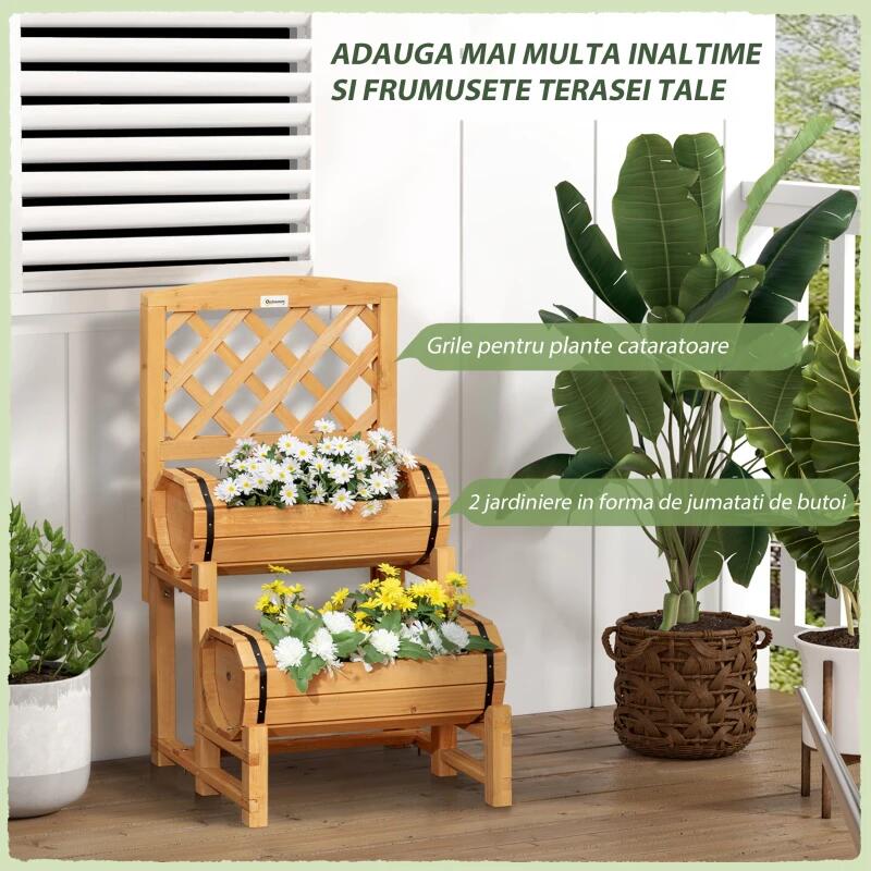 Jardiniera decorativa cu suport pentru plante cataratoare, lemn, 2 nivele, tip butoi, 45x45x80 cm — imaginea 6