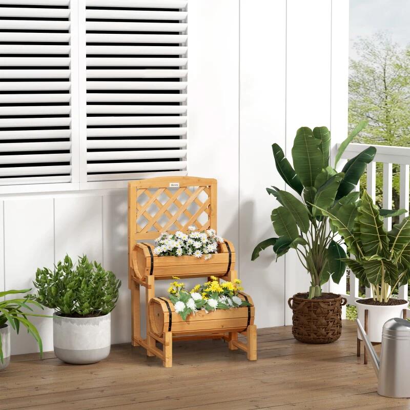 Jardiniera decorativa cu suport pentru plante cataratoare, lemn, 2 nivele, tip butoi, 45x45x80 cm — imaginea 8