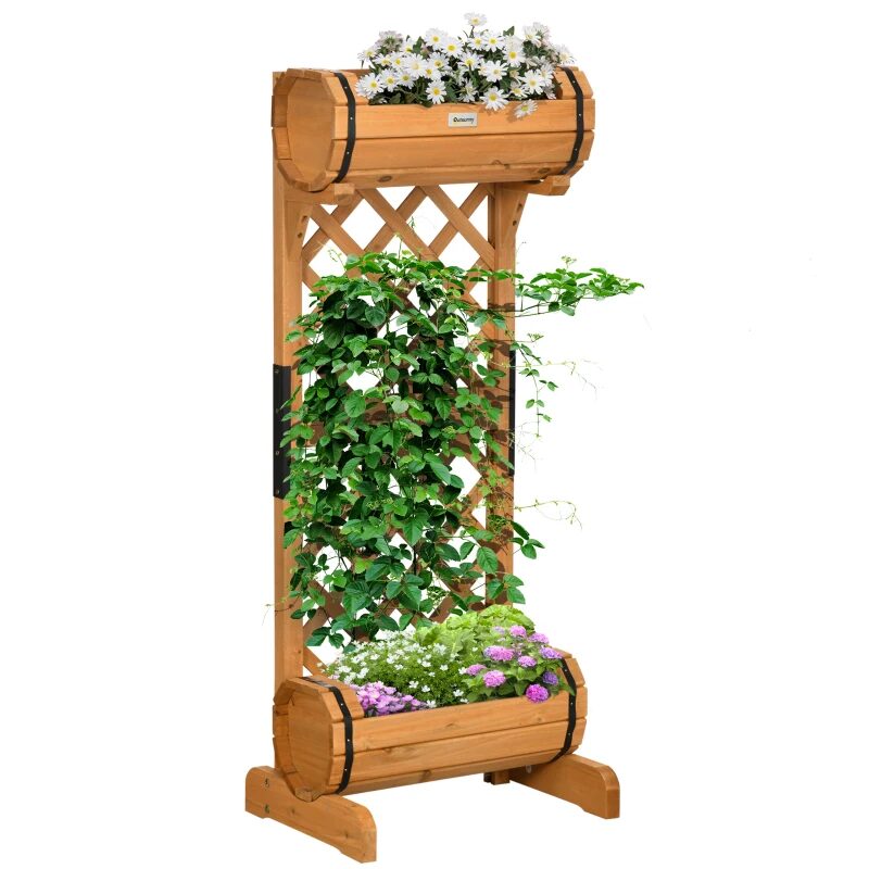 Jardiniera decorativa cu suport pentru plante cataratoare, lemn, 2 nivele, tip butoi, 45x35x112 cm — imaginea 3