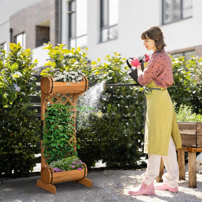 Jardiniera decorativa cu suport pentru plante cataratoare, lemn, 2 nivele, tip butoi, 45x35x112 cm — imaginea 7
