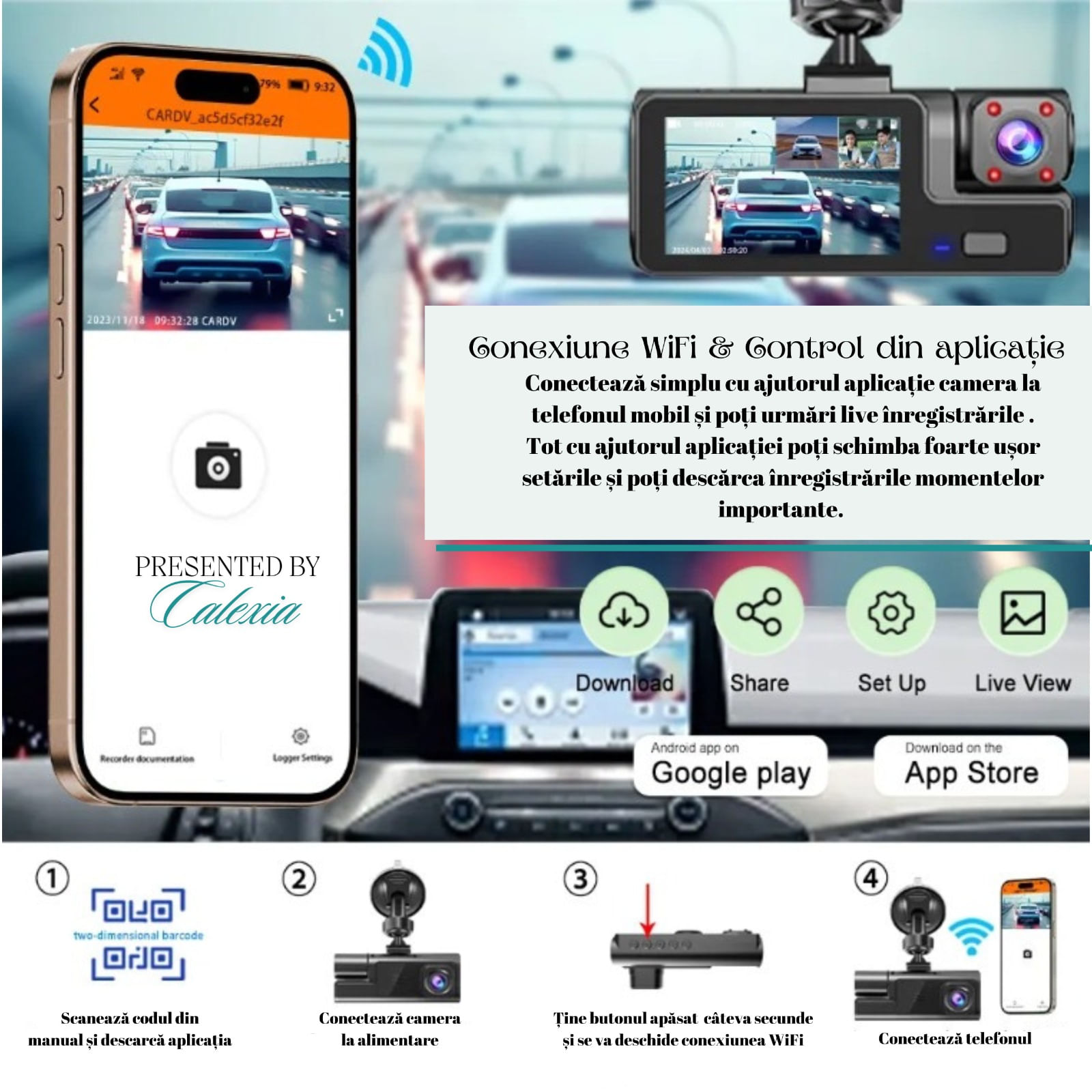 Camera auto tripla de bord Full HD 1080P, GoSafe, WDR, GPS, WIFI, aplicatie pe telefon, night vision, card 64 GB inclus - imagine 4