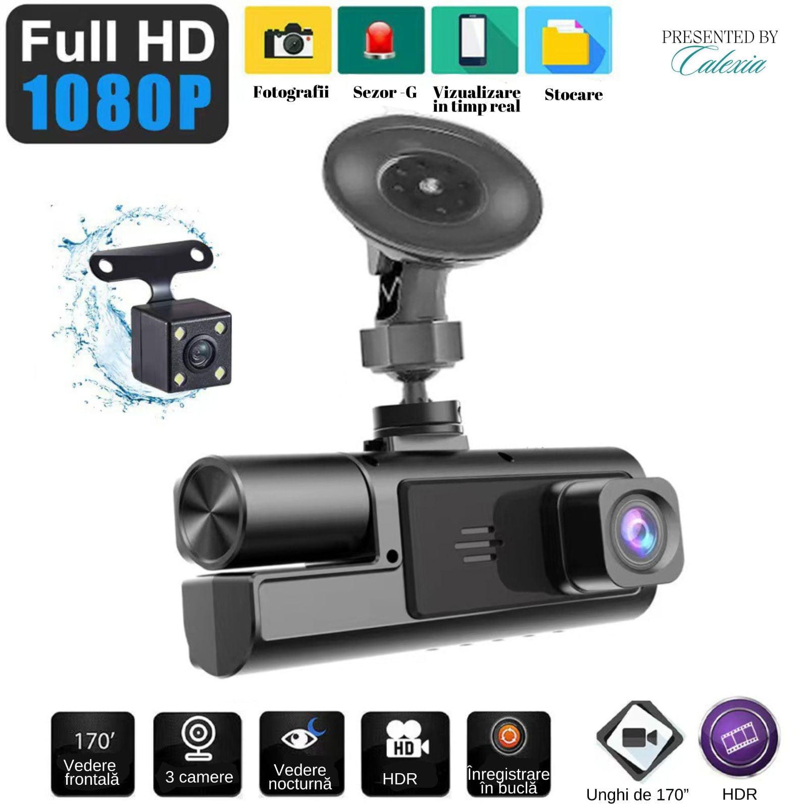 Camera auto tripla de bord Full HD 1080P, GoSafe, WDR, GPS, WIFI, aplicatie pe telefon, night vision, card 64 GB inclus - imagine 8