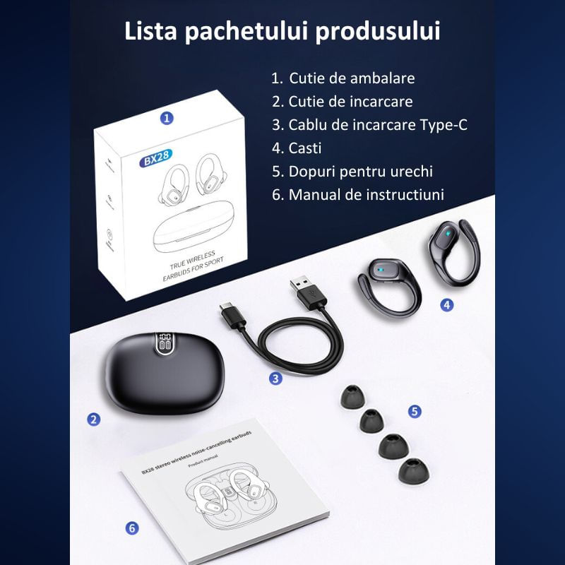 Casti Wireless Sport MIANDREE® ActiveBuds, True Wireless, BT 5.3, Handsfree, ANC, Voice Assistant, 40h, Rezistente, LED