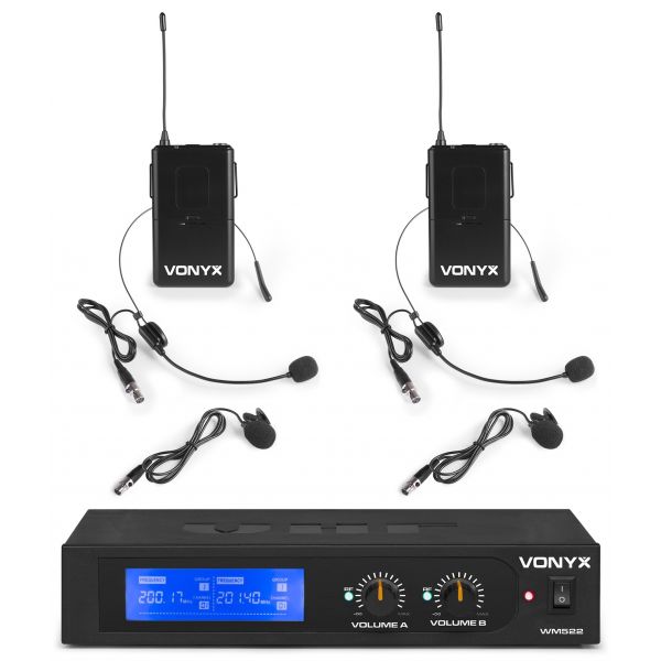 Set microfoane wireless Vonyx WM522B, Lavaliera-headset, VHF