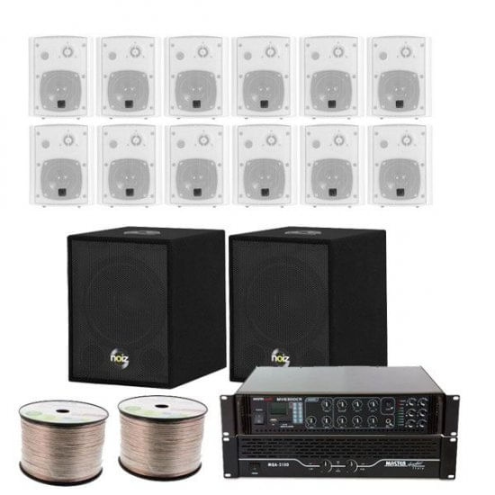 Sistem sonorizare sala fitness 625w, 12 boxe albe, 2 Basi, 2 amplificatoare, 200m cablu