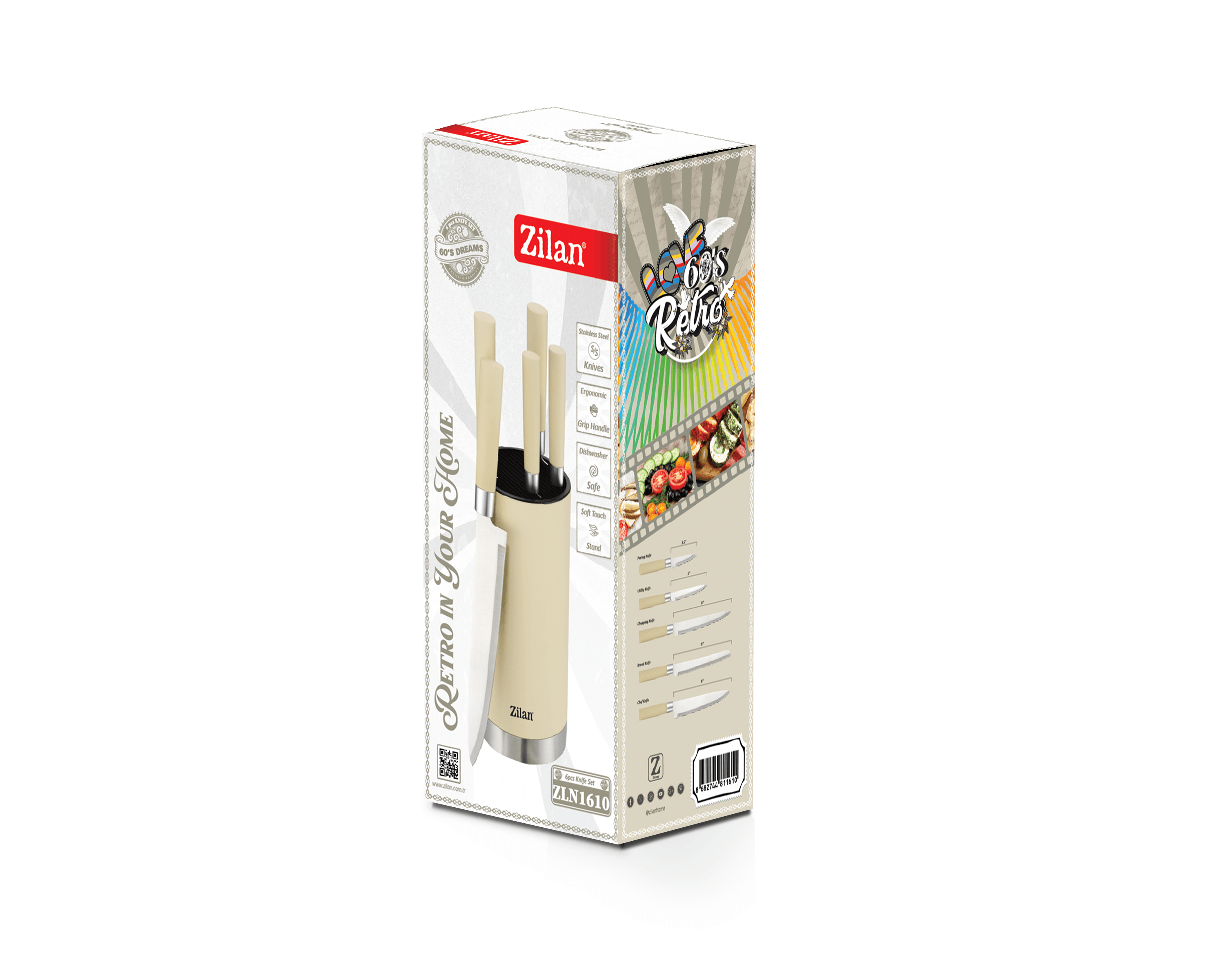 Set cutite 6 piese RETRO Zilan ZLN1610, Suport inclus, Otel inoxidabil 3CR13, Compatibil masina de spalat vase, Crem — imaginea 3