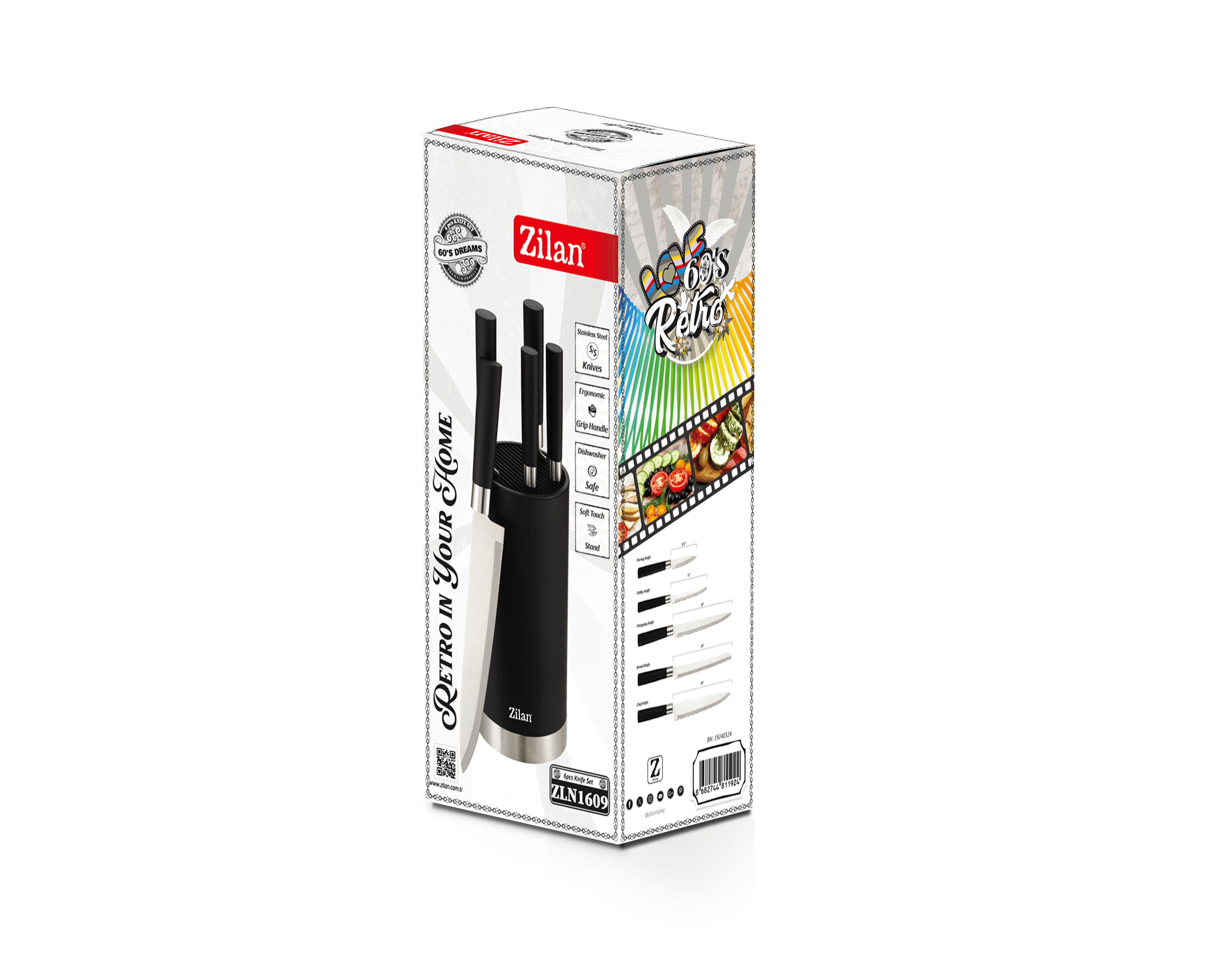 Set cutite 6 piese RETRO Zilan ZLN1609, Suport inclus, Otel inoxidabil 3CR13, Compatibil masina de spalat vase, Negru — imaginea 3