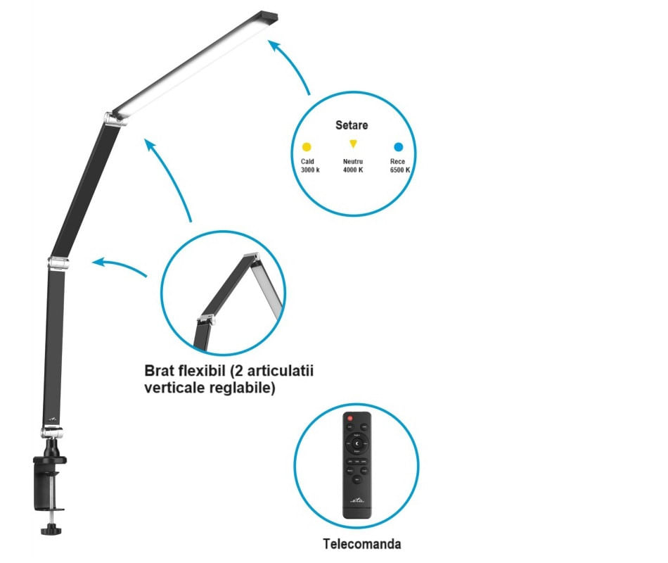Lampa de masa ETA 2893 90000, 10 W, LED, brat flexibil, reglare intensitate lumina, telecomanda, negru — imaginea 10