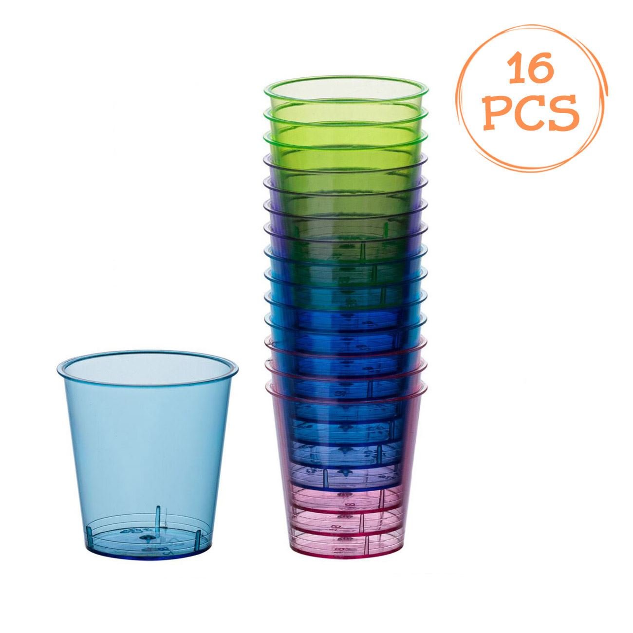 Pahar shot plastic, reutilizabile, set 16 bucati, multicolor, capacitate 30ml