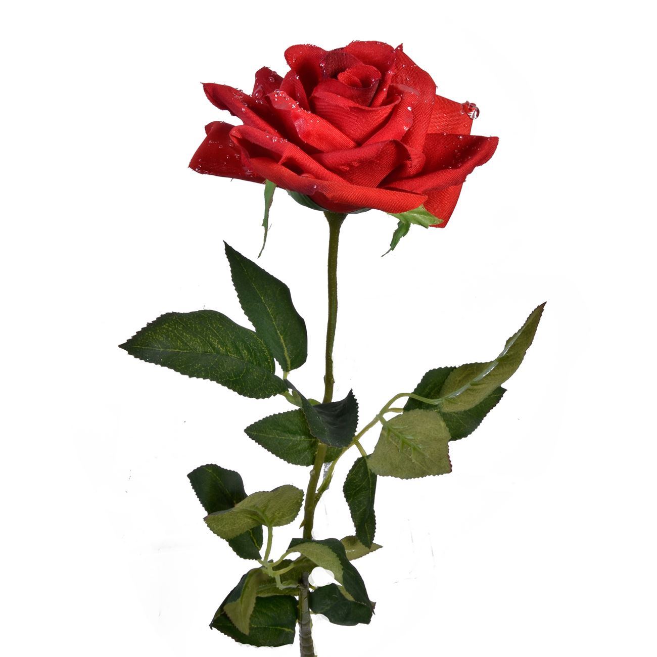 Floare artificiala trandafir, 75cm, rosu, picaturi de roua