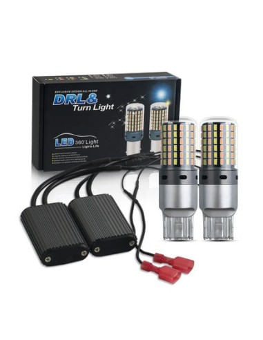 Set 2 x T20, W21W cu dubla culoare Semnalizare galbena + Lumina de zi alba T20-7440-144SMD-3014-AMBER+WHITE