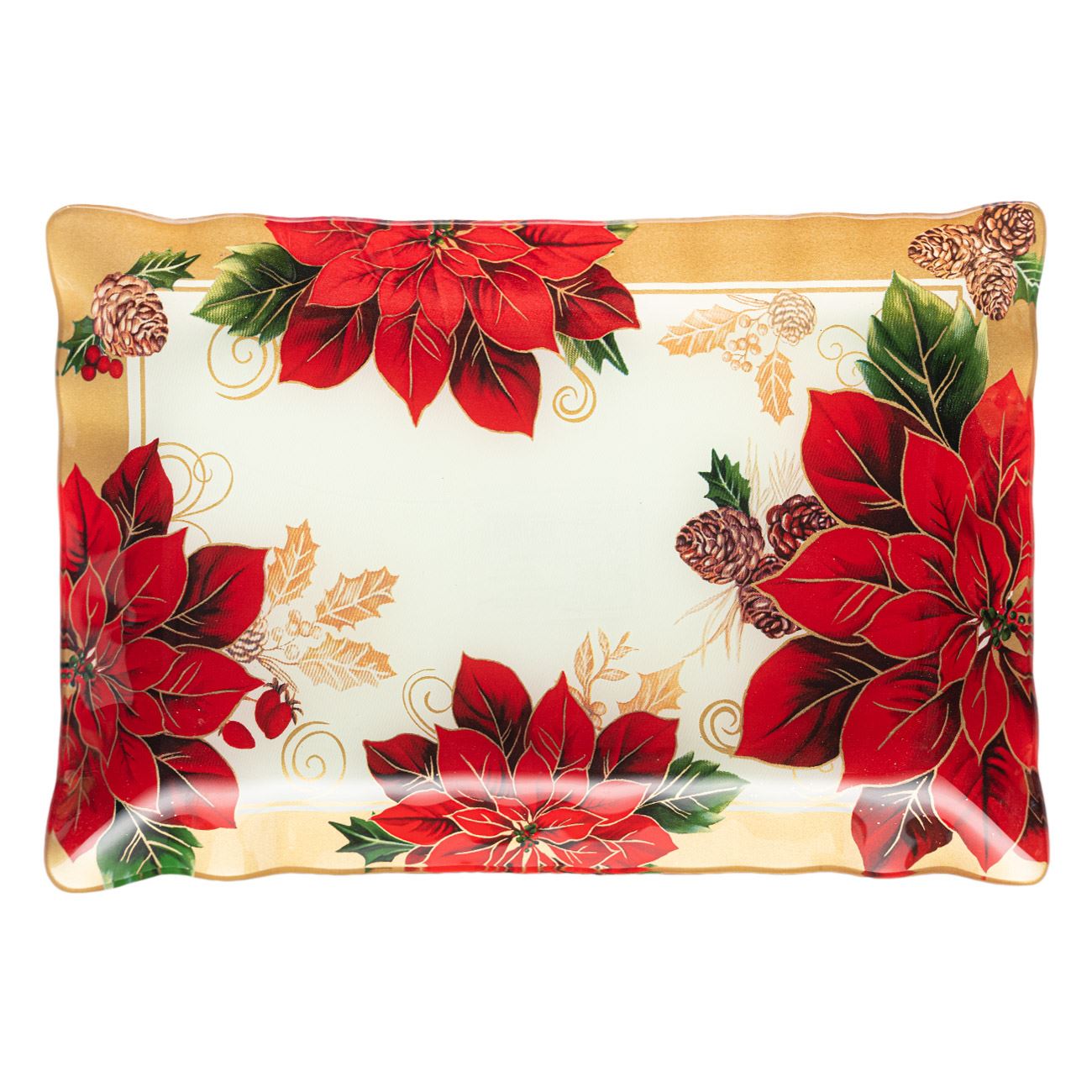 Platou sticla, model craciunita, bordura valuroasa, dreptunghiular, multicolor, 31 x 21cm