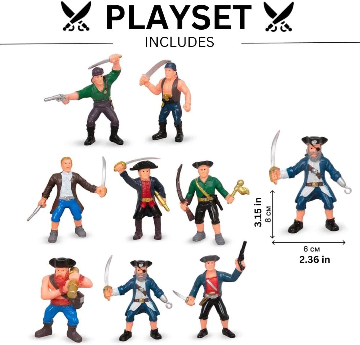 Set 8 Figurine Pirati, pentru copii de 3 ani+, Plastic, 8cm Inaltime, Multicolor - imagine 3