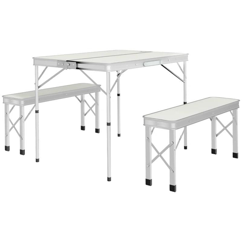 Set mobilier gradina/camping, pliabil, 1 masa, 2 banci, MDF si aluminiu, alb, 90 cm, Frankfurt — imaginea 2