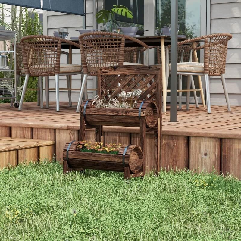 Jardiniera decorativa cu suport pentru plante cataratoare, lemn, 2 nivele, tip butoi, 49x42x80 cm — imaginea 2