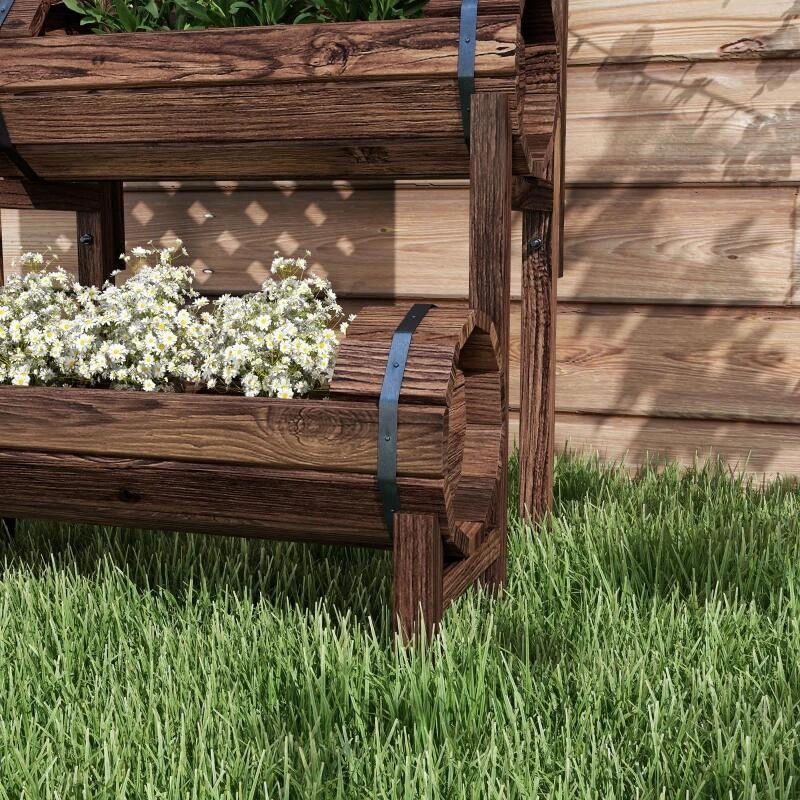 Jardiniera decorativa cu suport pentru plante cataratoare, lemn, 2 nivele, tip butoi, 49x42x80 cm — imaginea 3
