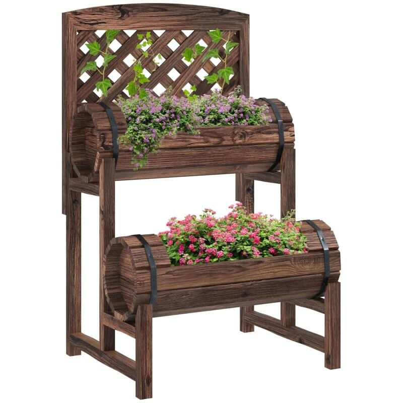 Jardiniera decorativa cu suport pentru plante cataratoare, lemn, 2 nivele, tip butoi, 49x42x80 cm — imaginea 5